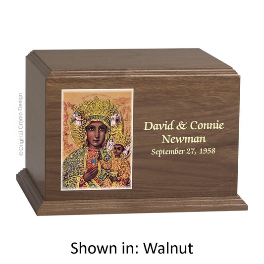 Catholic cremation urn with Our Lady of Czetechowa  Wood finish by Cromo NB