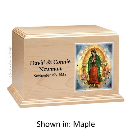 Catholic cremation urn with Our Lady of Guadalupe  Wood finish by Cromo NB