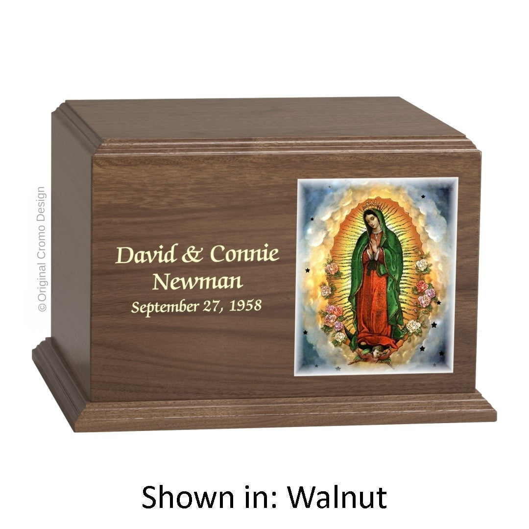Catholic cremation urn with Our Lady of Guadalupe  Wood finish by Cromo NB