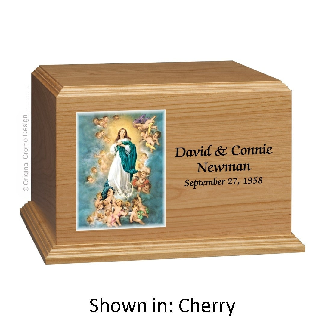 Catholic cremation urn with Immaculate Conception  Wood finish by Cromo NB
