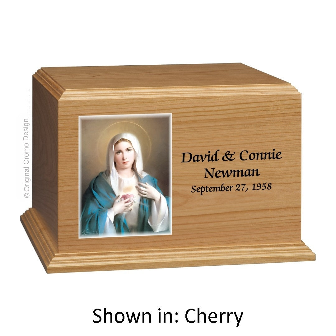 Catholic cremation urn with Immaculate Heart of Mary  Wood finish by Cromo NB