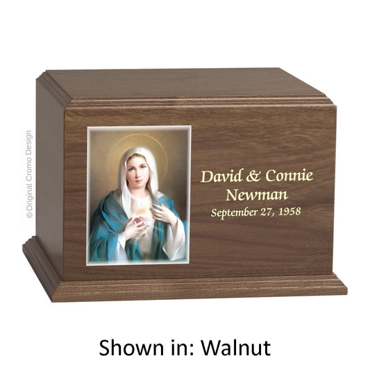 Catholic cremation urn with Immaculate Heart of Mary  Wood finish by Cromo NB