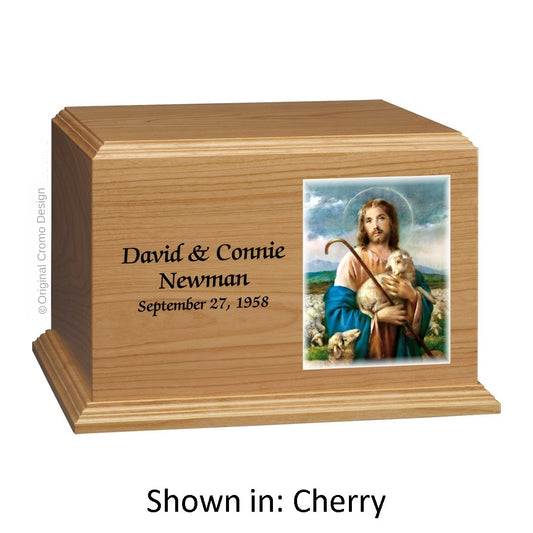Catholic cremation urn with Jesus Shepherd  Wood finish by Cromo NB