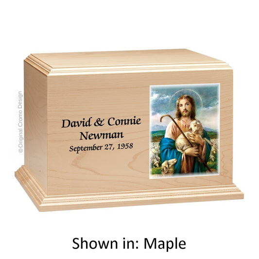 Catholic cremation urn with Jesus Shepherd  Wood finish by Cromo NB