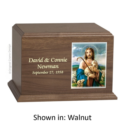Catholic cremation urn with Jesus Shepherd  Wood finish by Cromo NB