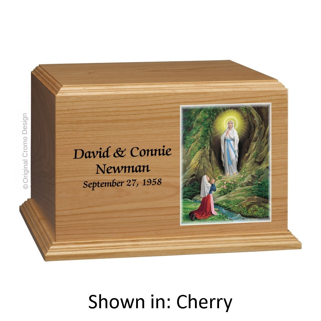 Catholic cremation urn with Twin Hearts  Wood finish by Cromo NB