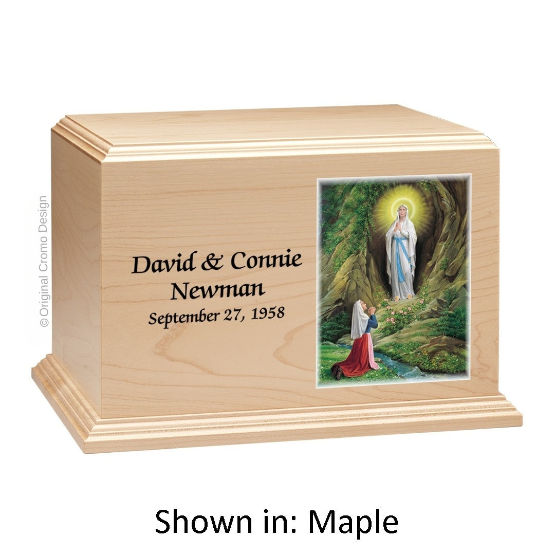 Catholic cremation urn with Twin Hearts  Wood finish by Cromo NB