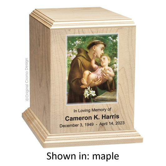 Catholic cremation urn with Saint Anthony  Maple finish by Cromo NB