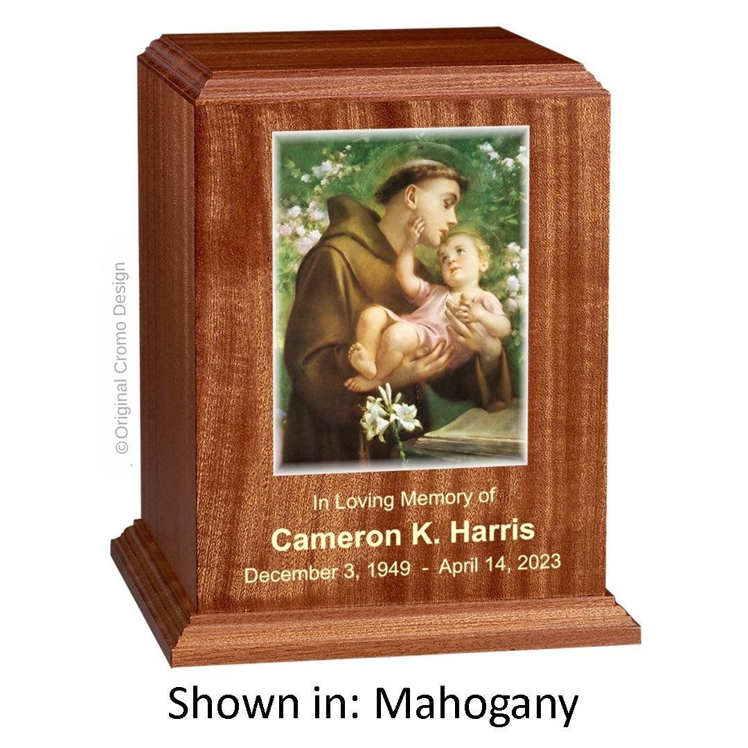 Catholic cremation urn with Saint Anthony  Mahogany finish by Cromo NB