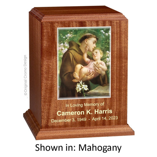 Catholic cremation urn with Saint Anthony  Mahogany finish by Cromo NB