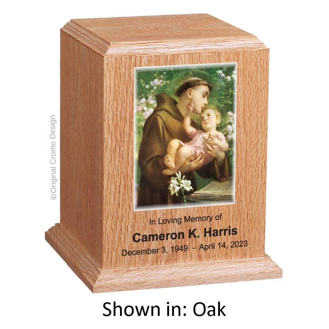 Catholic cremation urn with Saint Anthony  Oak finish by Cromo NB