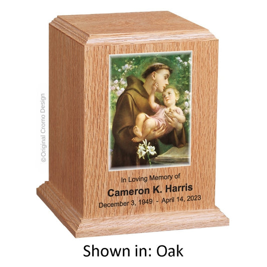 Catholic cremation urn with Saint Anthony  Oak finish by Cromo NB