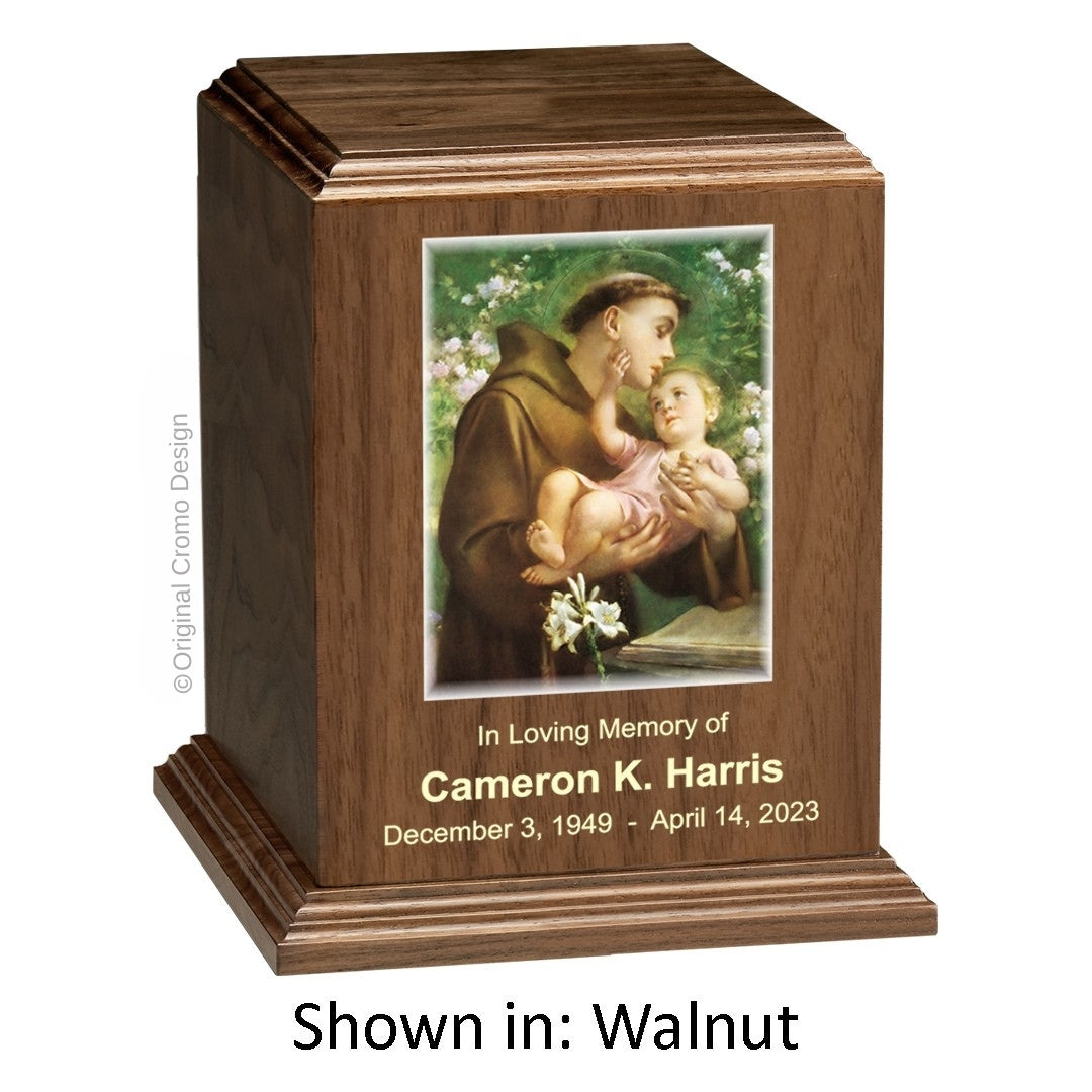 Catholic cremation urn with Saint Anthony  Walnut finish by Cromo NB