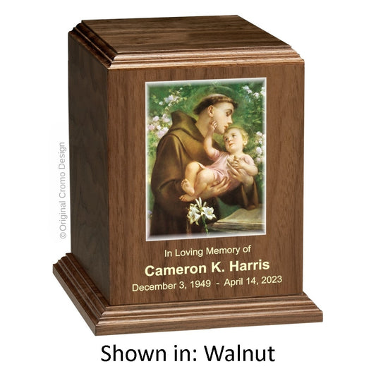 Catholic cremation urn with Saint Anthony  Walnut finish by Cromo NB