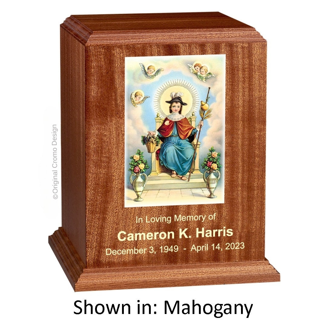 Catholic cremation urn with Child of Atocha  Wood finish by Cromo NB