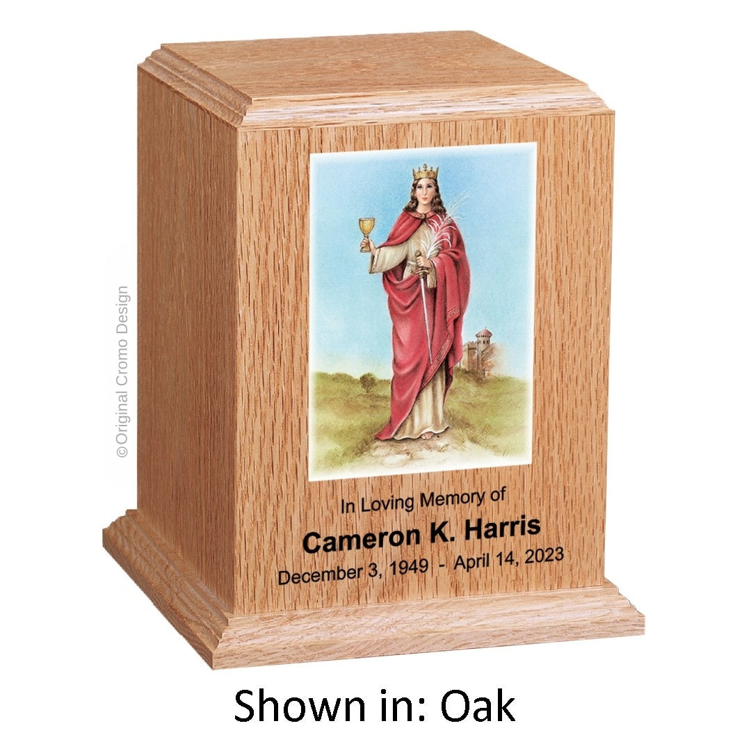 Catholic cremation urn with Our Lady of Santa Barbara  Wood finish by Cromo NB