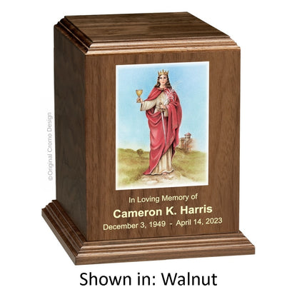Catholic cremation urn with Our Lady of Santa Barbara  Wood finish by Cromo NB