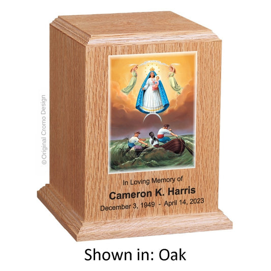 Catholic cremation urn with Our Lady of Charity  Wood finish by Cromo NB