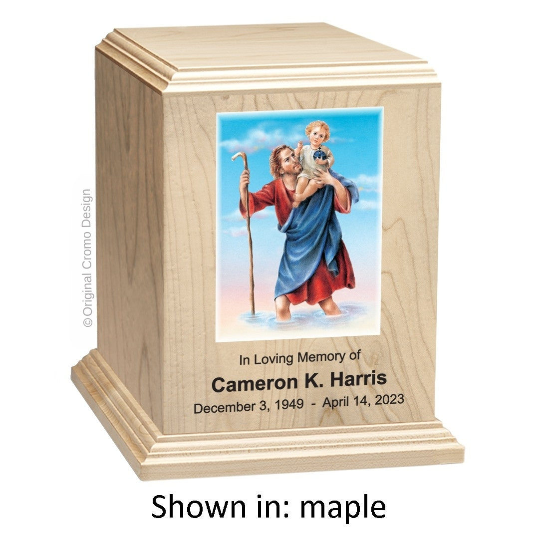Catholic cremation urn with Saint Christopher  Wood finish by Cromo NB