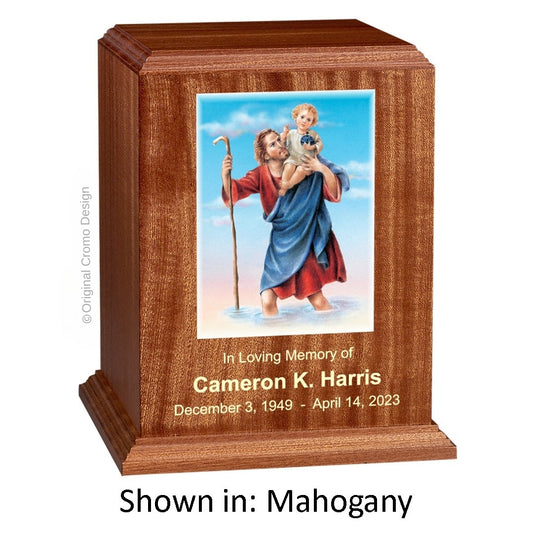 Catholic cremation urn with Saint Christopher  Wood finish by Cromo NB