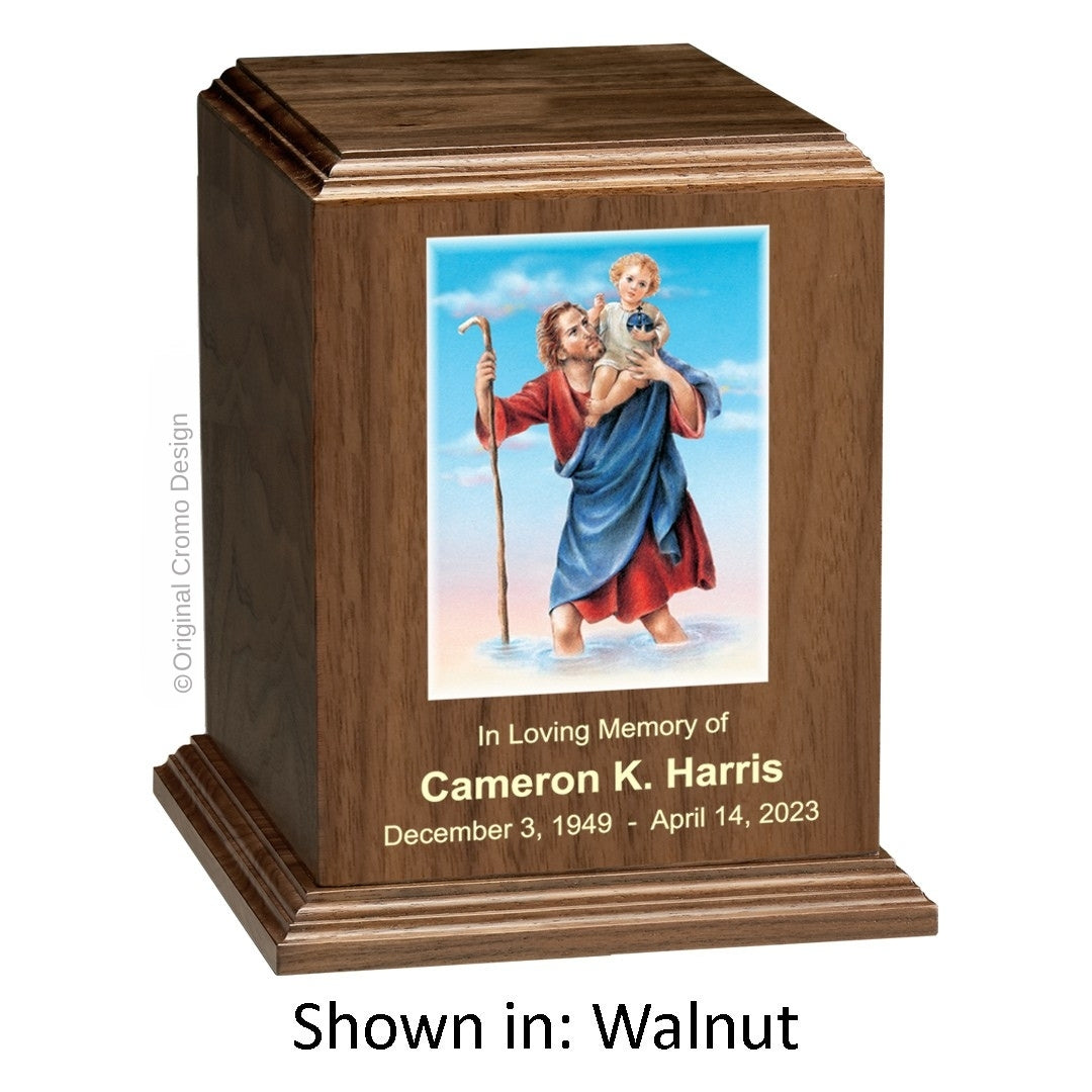 Catholic cremation urn with Saint Christopher  Wood finish by Cromo NB