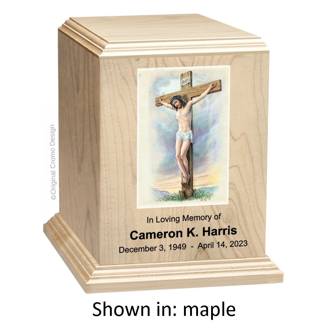 Catholic cremation urn with Crucifixion  Wood finish by Cromo NB