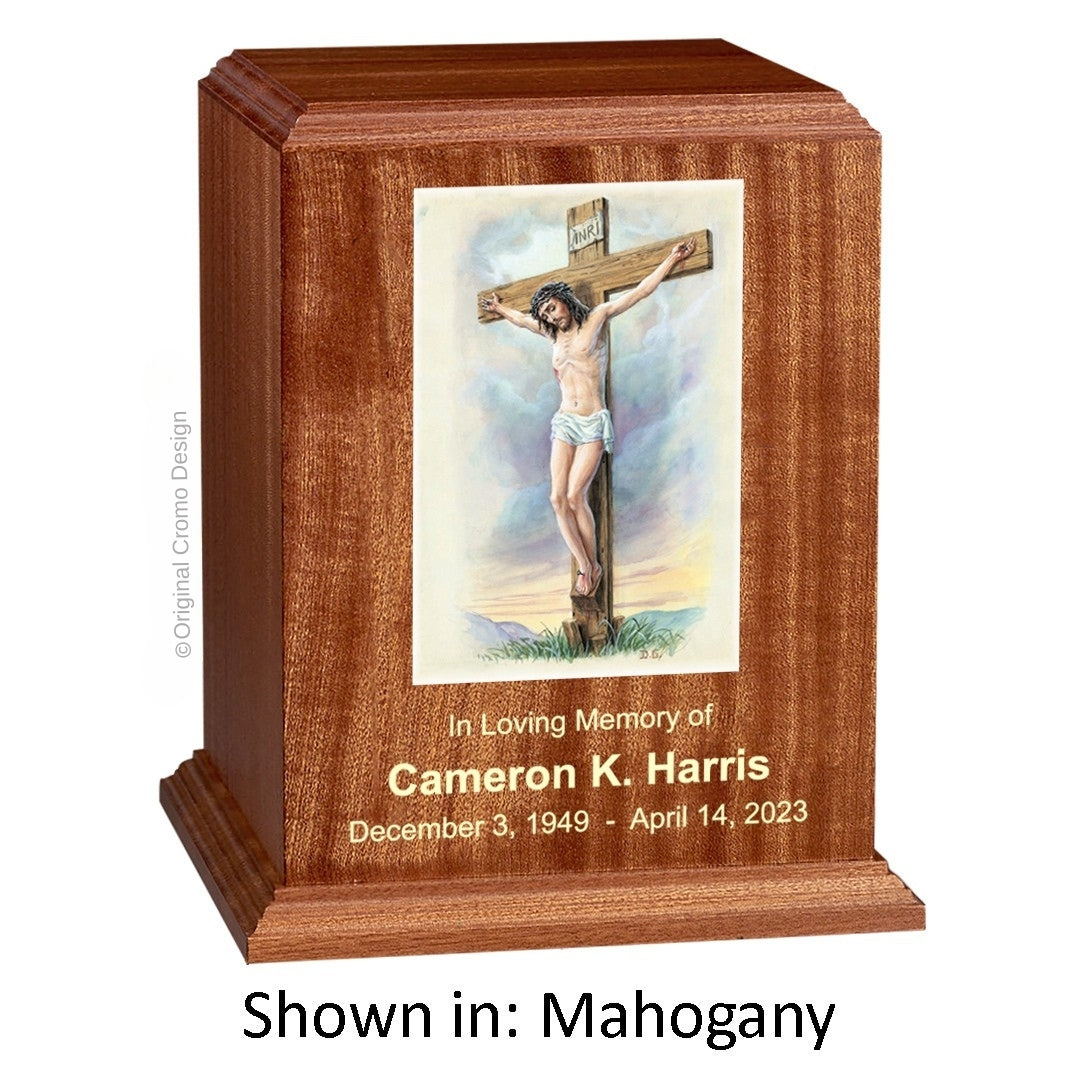 Catholic cremation urn with Crucifixion  Wood finish by Cromo NB