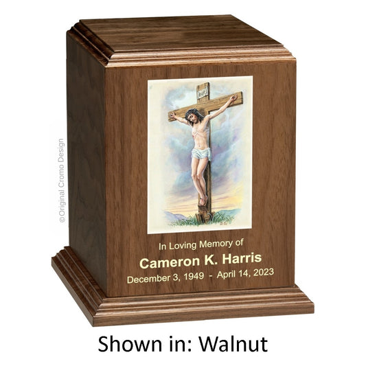 Catholic cremation urn with Crucifixion  Wood finish by Cromo NB
