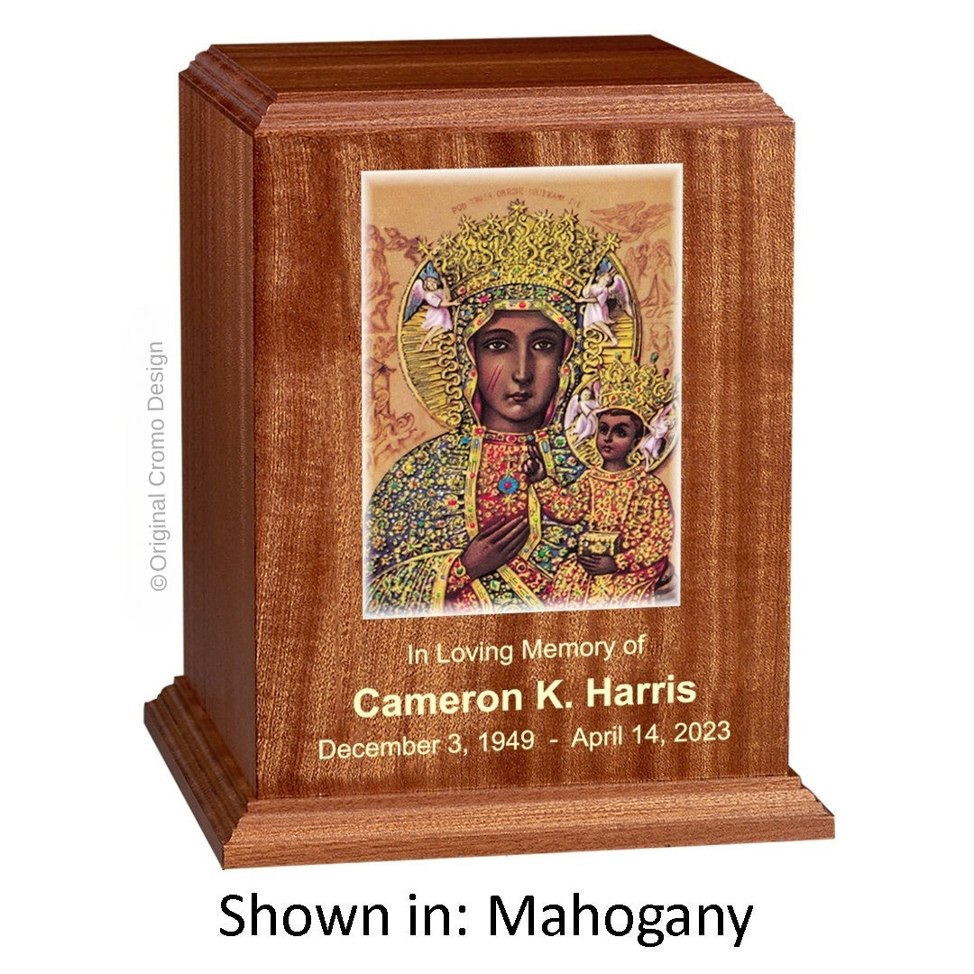 Catholic cremation urn with Our Lady of Czetechowa  Wood finish by Cromo NB