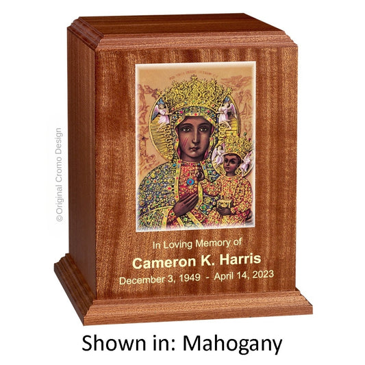 Catholic cremation urn with Our Lady of Czetechowa  Wood finish by Cromo NB