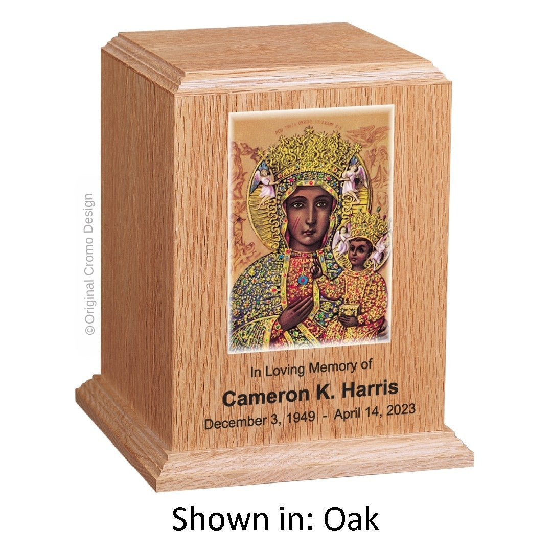 Catholic cremation urn with Our Lady of Czetechowa  Wood finish by Cromo NB