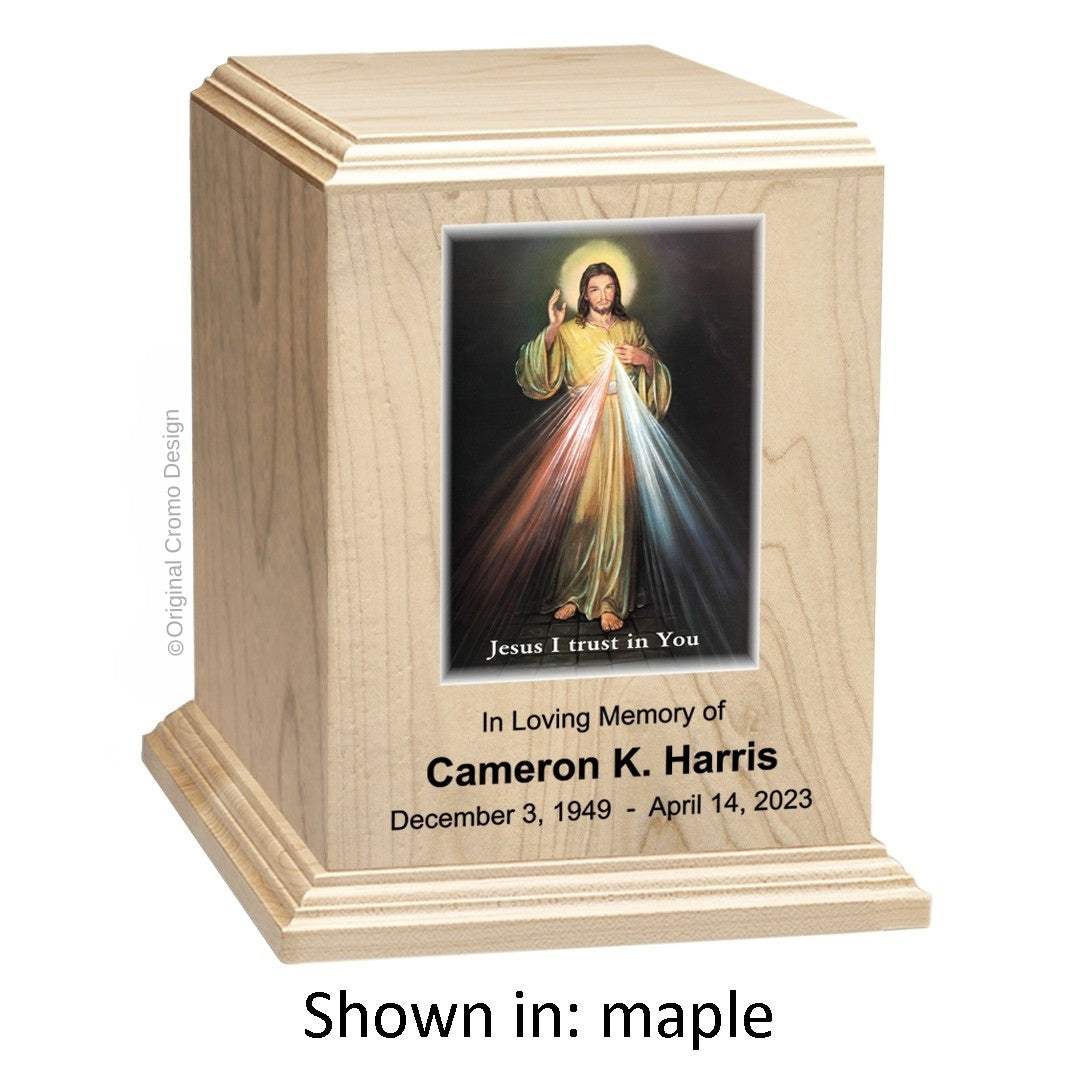 Catholic cremation urn with Divine Mercy English  Wood finish by Cromo NB