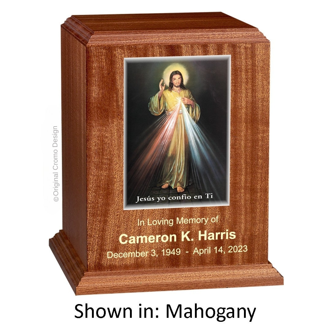 Catholic cremation urn with Divine Mercy Spanish  Wood finish by Cromo NB