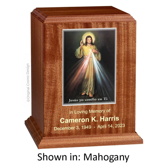 Catholic cremation urn with Divine Mercy Spanish  Wood finish by Cromo NB