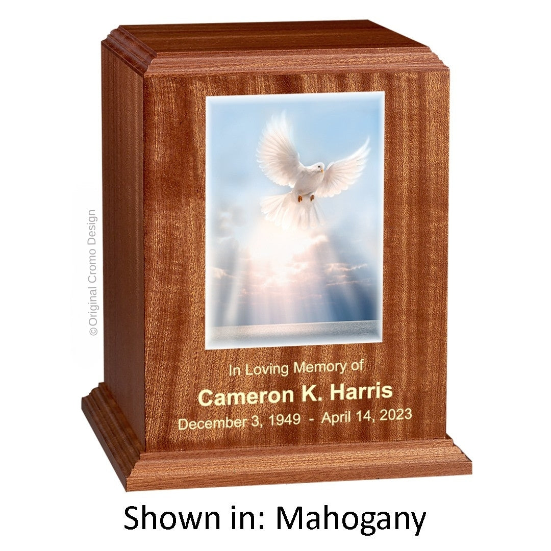 Catholic cremation urn with White Dove  Wood finish by Cromo NB