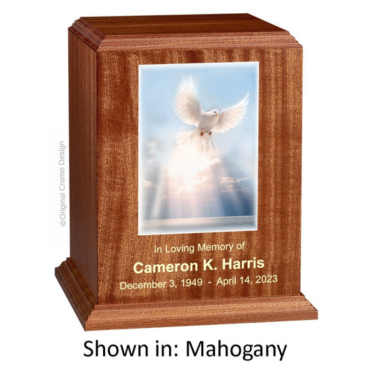 Catholic cremation urn with White Dove  Wood finish by Cromo NB