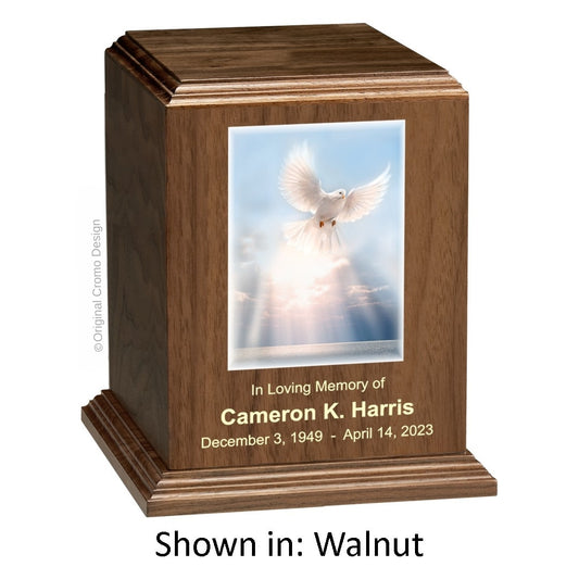 Catholic cremation urn with White Dove  Wood finish by Cromo NB