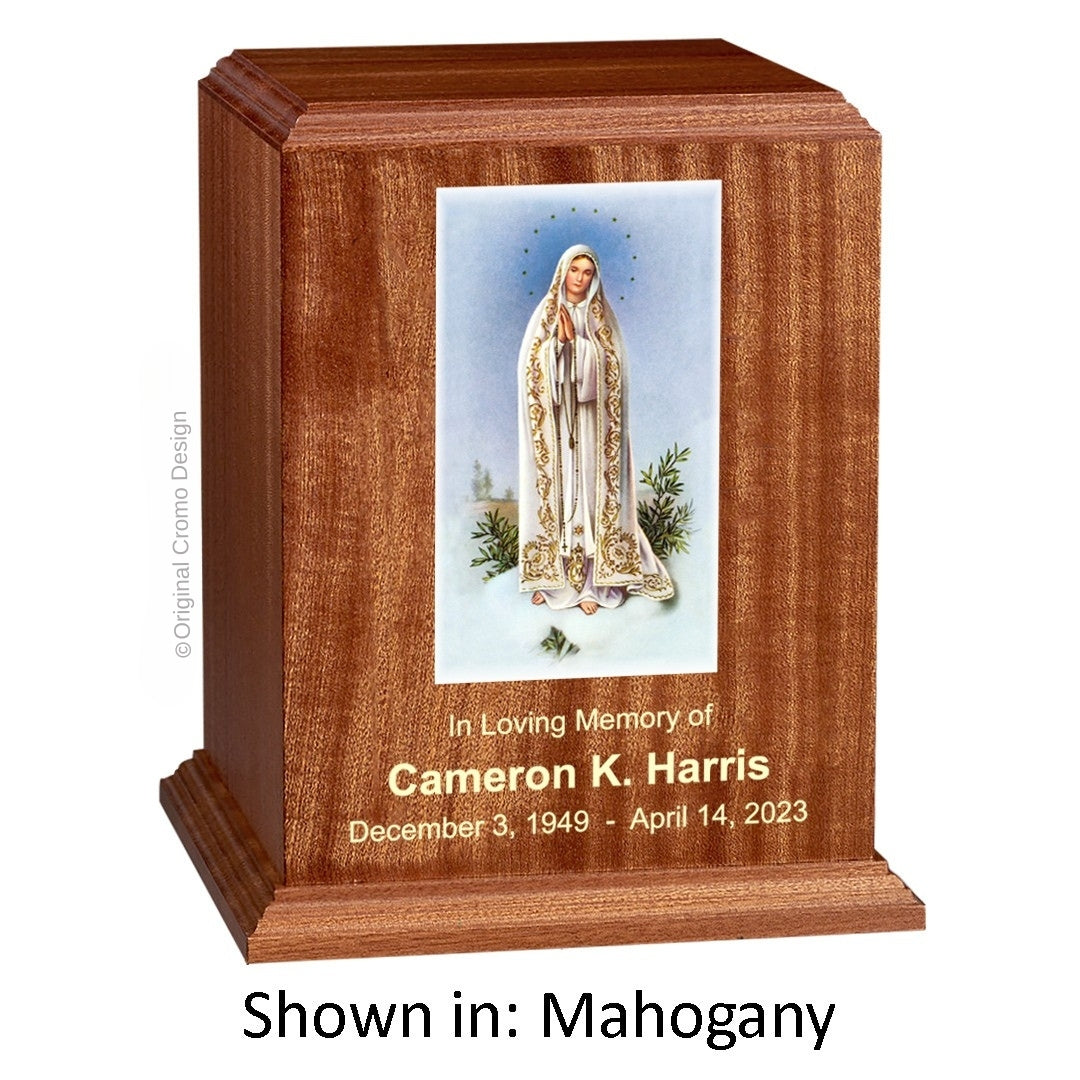 Catholic cremation urn with Our Lady of Fatima  Wood finish by Cromo NB