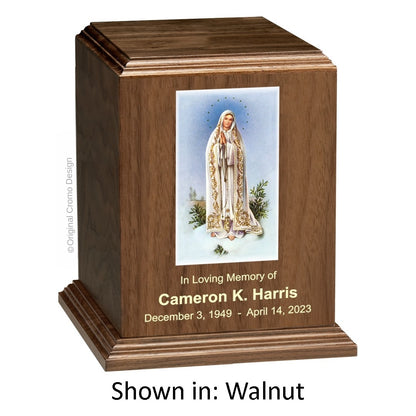 Catholic cremation urn with Our Lady of Fatima  Wood finish by Cromo NB