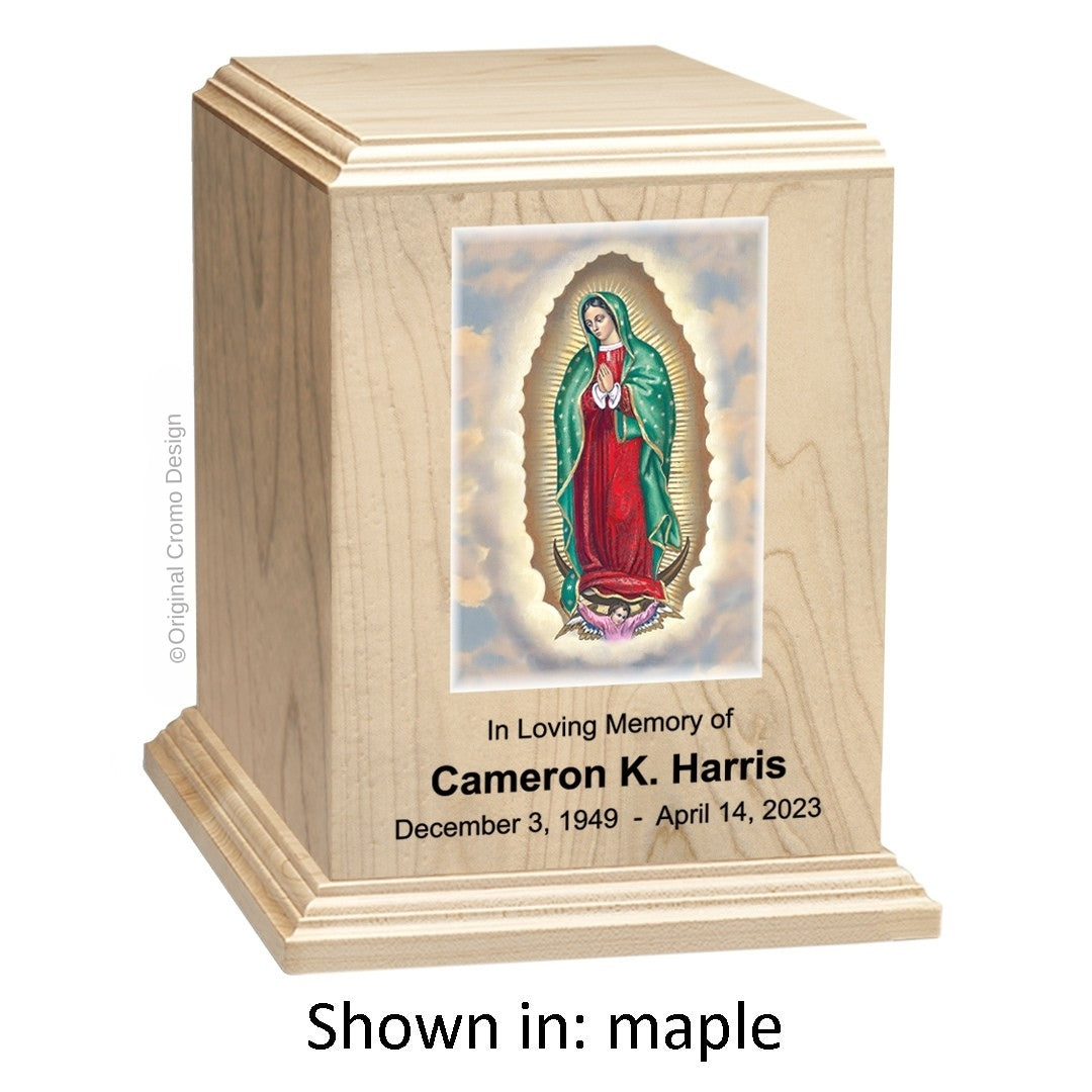 Catholic cremation urn with Our Lady of Guadalupe English  Wood finish by Cromo NB