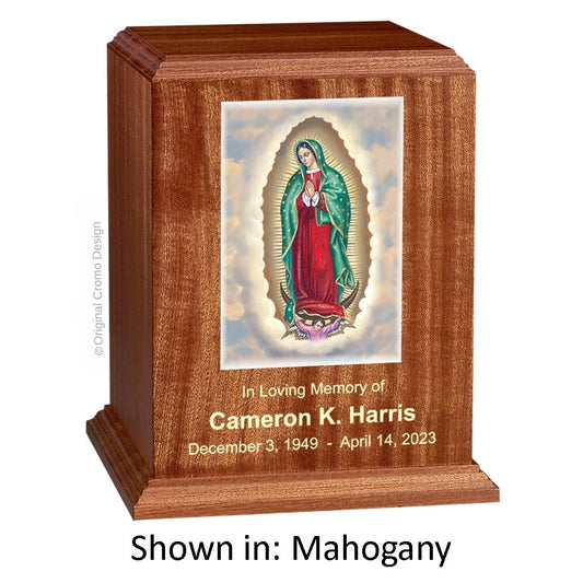 Catholic cremation urn with Our Lady of Guadalupe English  Wood finish by Cromo NB