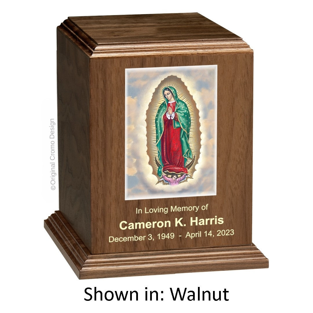 Catholic cremation urn with Our Lady of Guadalupe English  Wood finish by Cromo NB