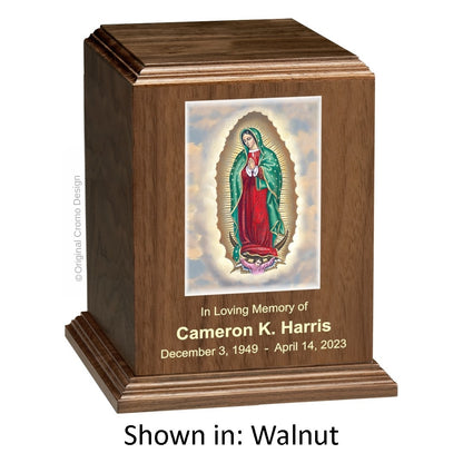Catholic cremation urn with Our Lady of Guadalupe English  Wood finish by Cromo NB
