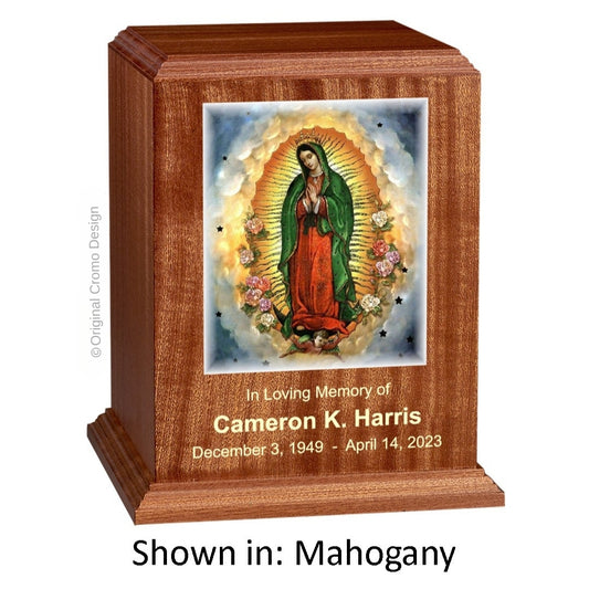 Catholic cremation urn with Our Lady of Guadalupe Spanish  Wood finish by Cromo NB