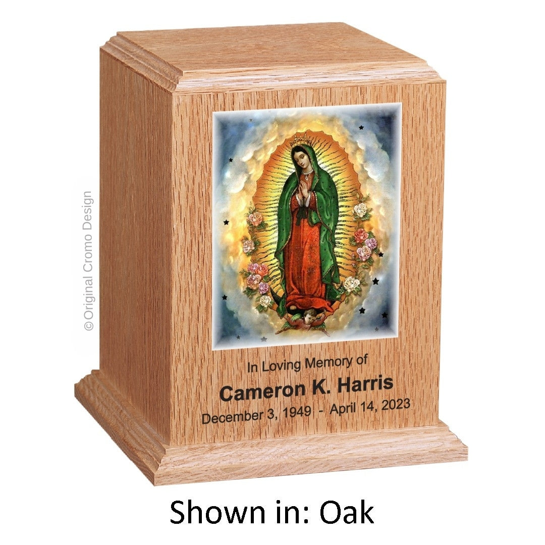 Catholic cremation urn with Our Lady of Guadalupe Spanish  Wood finish by Cromo NB