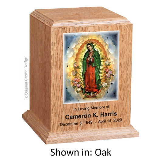 Catholic cremation urn with Our Lady of Guadalupe Spanish  Wood finish by Cromo NB