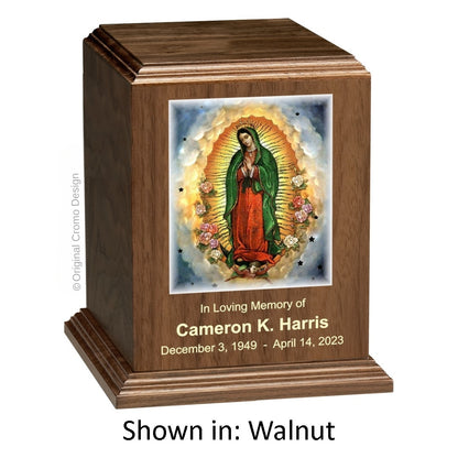 Catholic cremation urn with Our Lady of Guadalupe Spanish  Wood finish by Cromo NB