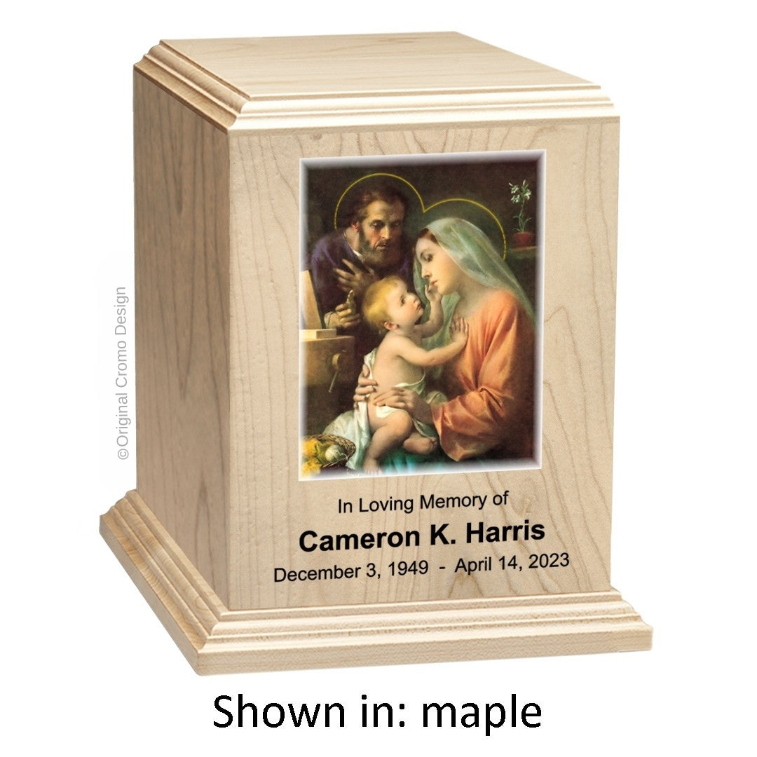 Catholic cremation urn with Holy Family  Wood finish by Cromo NB