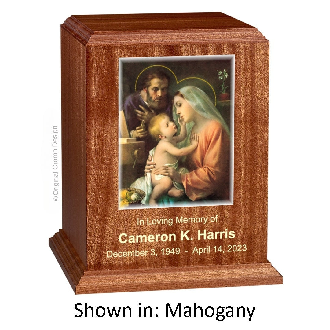 Catholic cremation urn with Holy Family  Wood finish by Cromo NB