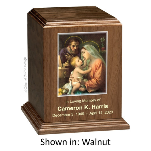 Catholic cremation urn with Holy Family  Wood finish by Cromo NB